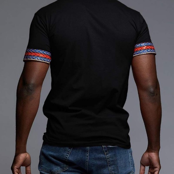 Black African Dashiki T Shirt Tribal Floral Print V Neck Slim Fit Shirts Tops​​ - Picture 4 of 5